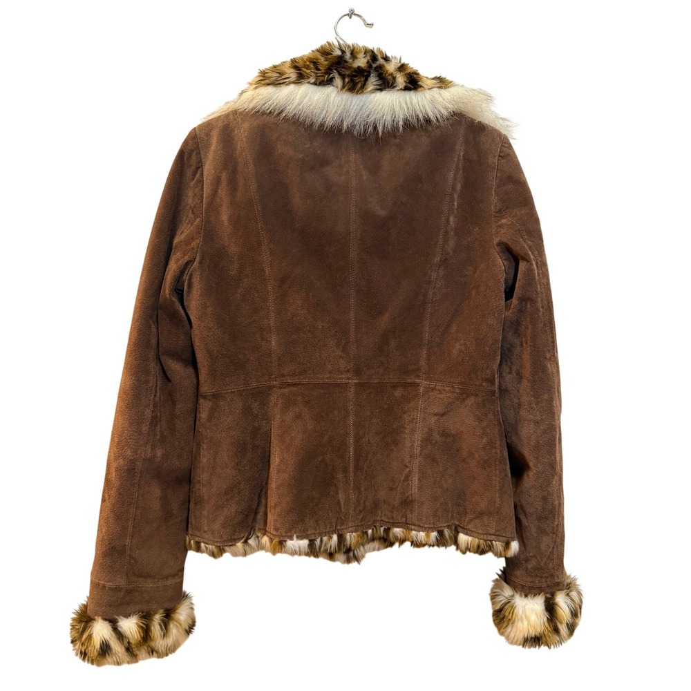 Guess Suede Leather Jacket Y2K Women Medium Brown Leopard Faux Fur Vintage Style - Picture 3 of 7